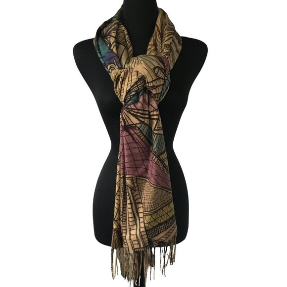 Cubist Abstract Art Line Drawing Flannel Buttoned Wrap Shawl Poncho Scarf - Picture 10 of 16